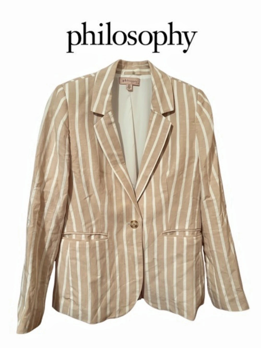 philosophy Striped Linen Blend Blazer in Brown & White Size Medium Like New